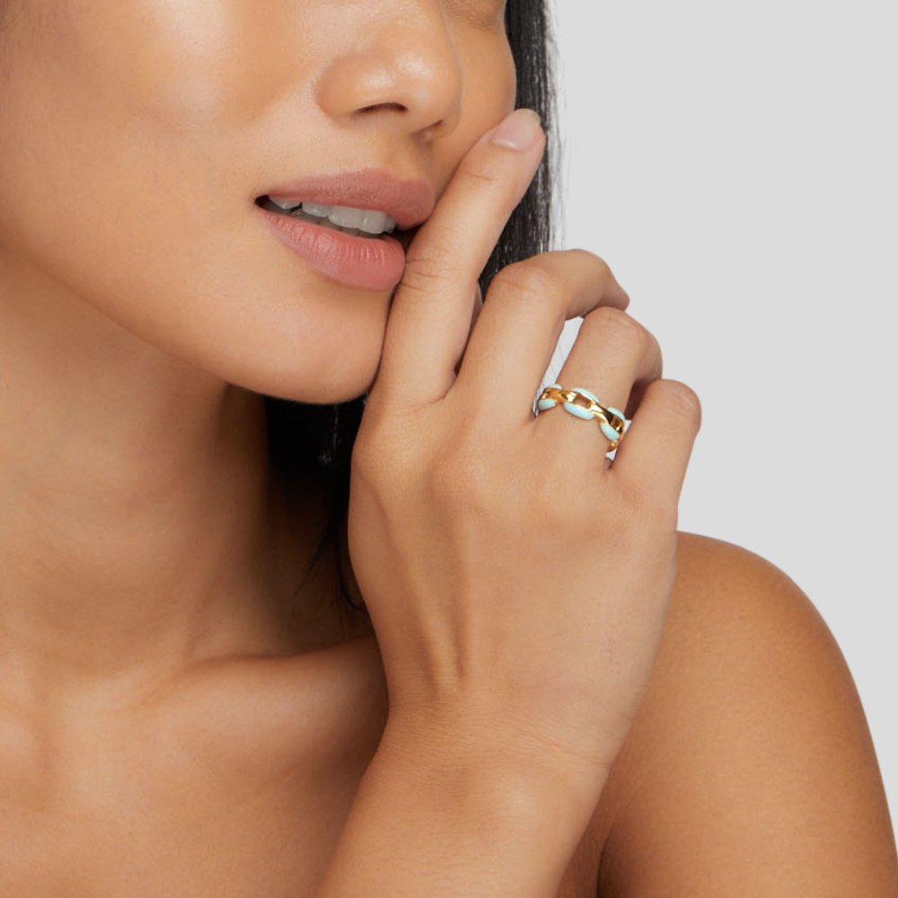Gold-Tone Chain Link Ring with Blue Inlays