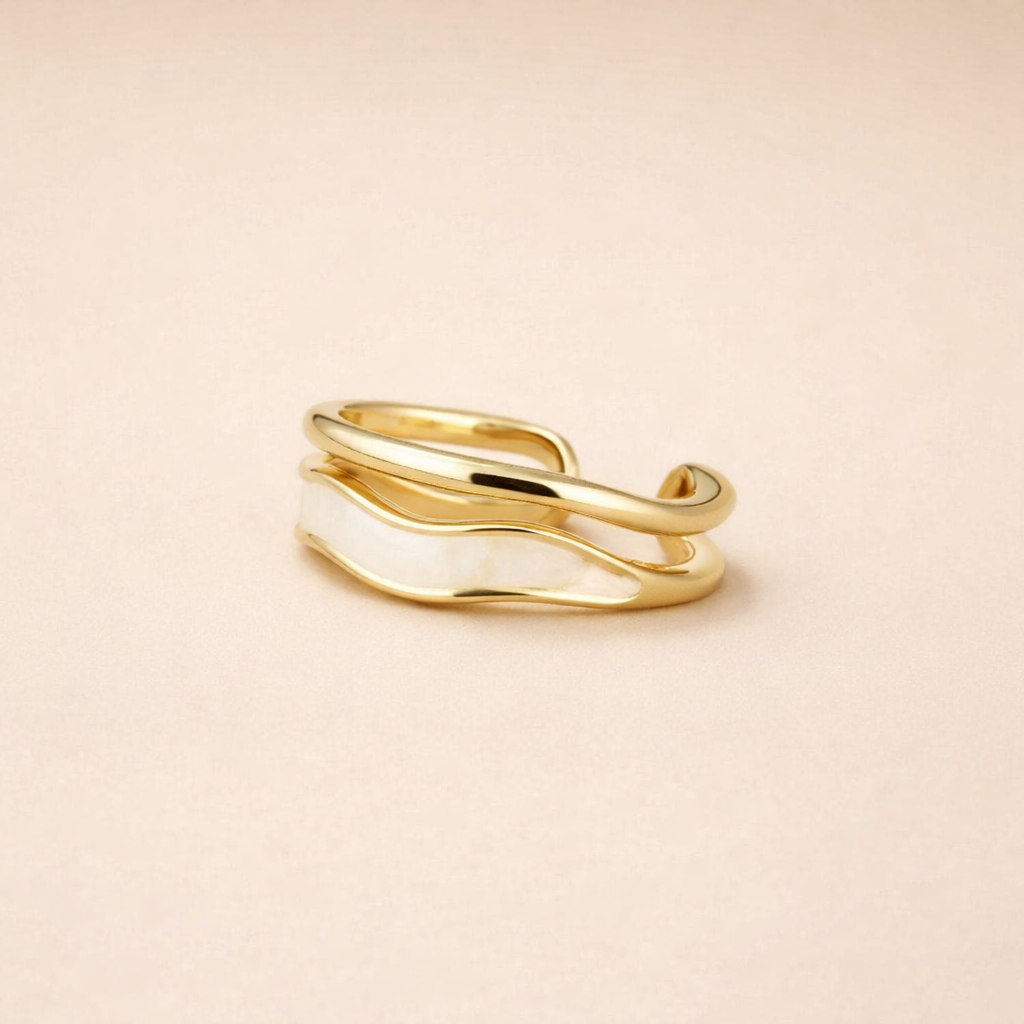 Gold-Tone Layered Open Ring with White Inlay