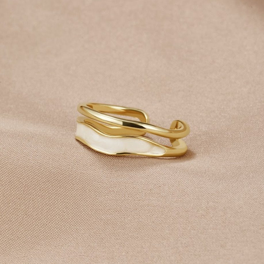 Gold-Tone Layered Open Ring with White Inlay