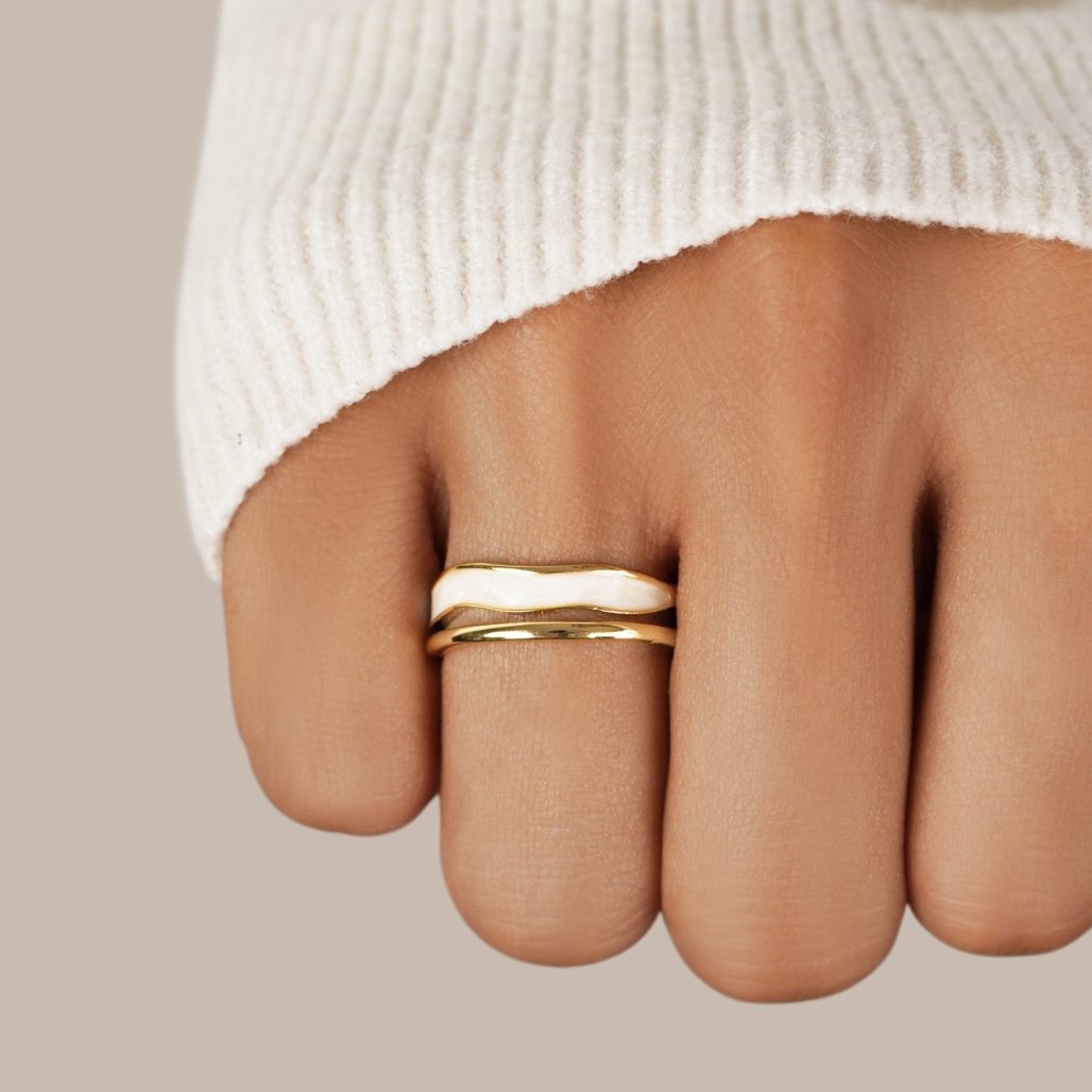 Gold-Tone Layered Open Ring with White Inlay