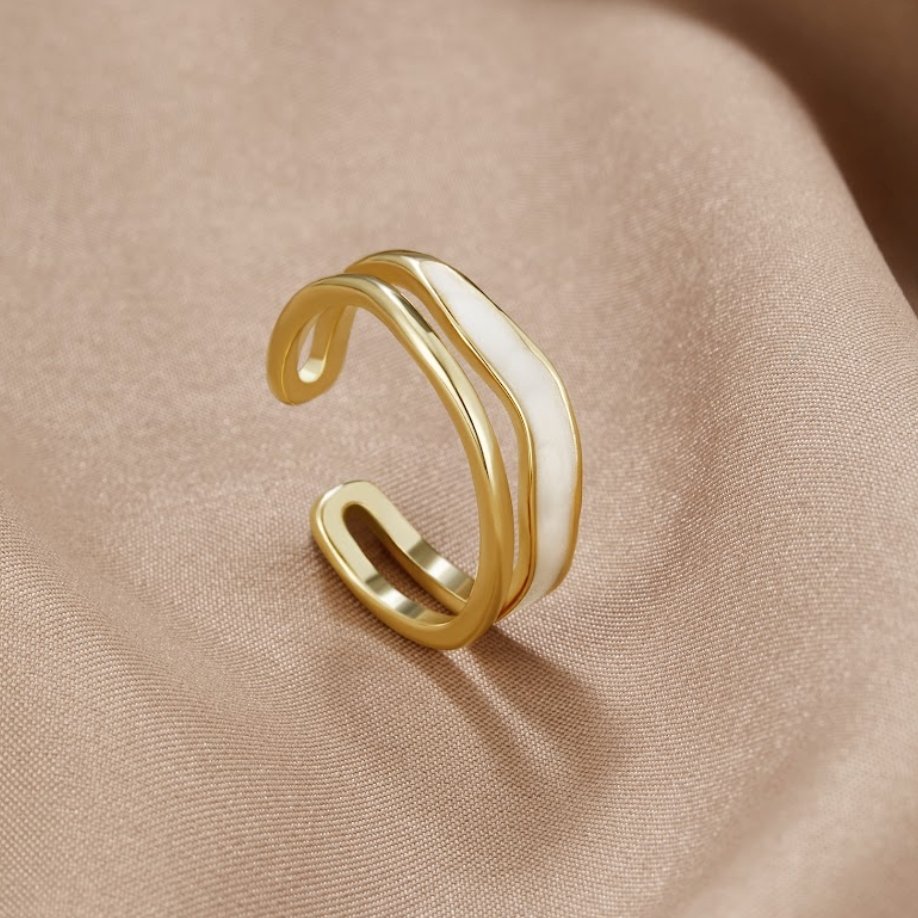 Gold-Tone Layered Open Ring with White Inlay