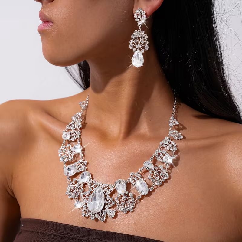 Women's Teardrop Stone Necklace and Earrings Set